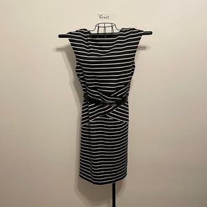 Black dress with white stripes and elastic belt